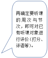 圆角矩形标注:再确定要听课的周次与节次,即可对已有听课对象进行评价(打分、评语等)。
